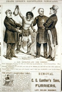 A fair exchange - and less robbery (cartoon showing Indian holding scalp of Delano; Zach Chandler saying to Uncle Sam, I don't see why you should take my pets away from me ...; Gen. LCCN99614133