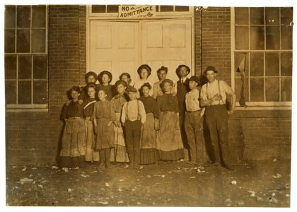 A few of the hands on night shift Highland Park Hill, No. 3, Charlotte, N.C. 10-30 P.M. January 7-09. (See photo and label 484) Boy in middle been in mill 2 years. Girl next to him in mill 4 LOC nclc.01578