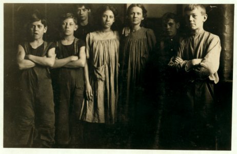 A few of the small girls and boys (not the smallest ones) that I found working in the spinning room of one of the Amoskeag Mfg. Co. mills at Manchester, N.H. Photo taken at 1-00 p.m., May LOC nclc.01738