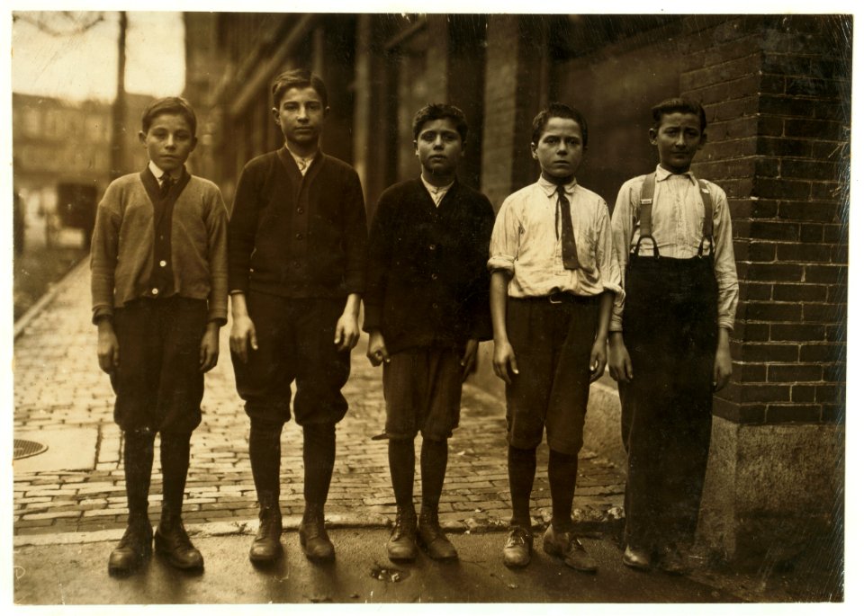 A few of the pin boys in Donahue's Bowling Alley. James Syeros, (in middle), 25 Femirck St. George Spanos, (left end), said 12 years old, lives at 1 Merrimac St. Louis Papas, (next to the LOC cph.3b37910