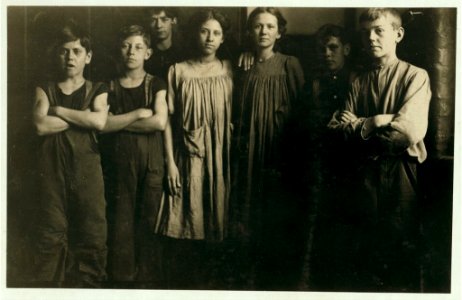 A few of the small girls and boys (not the smallest ones) that I found working in the spinning room of one of the Amoskeag Mfg. Co. mills at Manchester, N.H. Photo taken at 1-00 p.m., May LOC nclc.01738