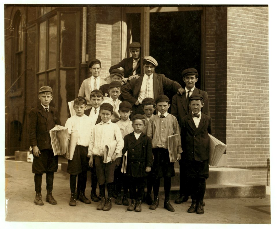 A gang of newsies at the office of 'Every Evening.' 'Everybody in this gang sells.' Investigator, Edward F. Brown. LOC nclc.03613