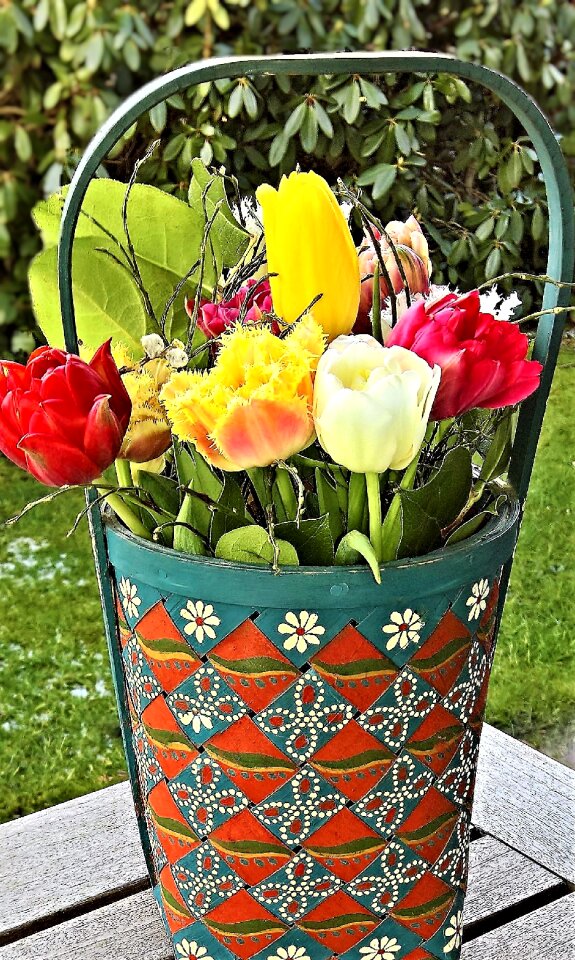 Spring colorful tulips basket painted