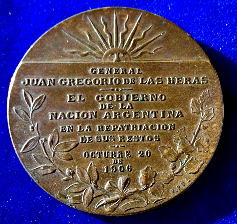 Argentine Art Nouveau Medal 1906 by Victor de Pol, Repatriation of the National Hero Las Heras, reverse