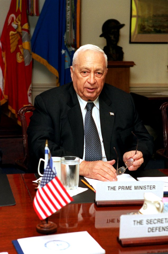 Ariel Sharon pictured during a defense meeting held at the Pentagon in Washington