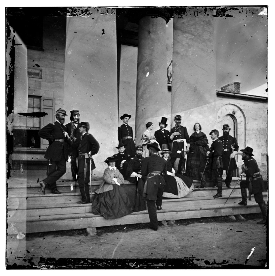 Arlington, Virginia (vicinity). Gen. Samuel P. Heintzelman and staff at Arlington house. (Mathew B. Brady, the photographer is shown in a top hat) LOC cwpb.01482