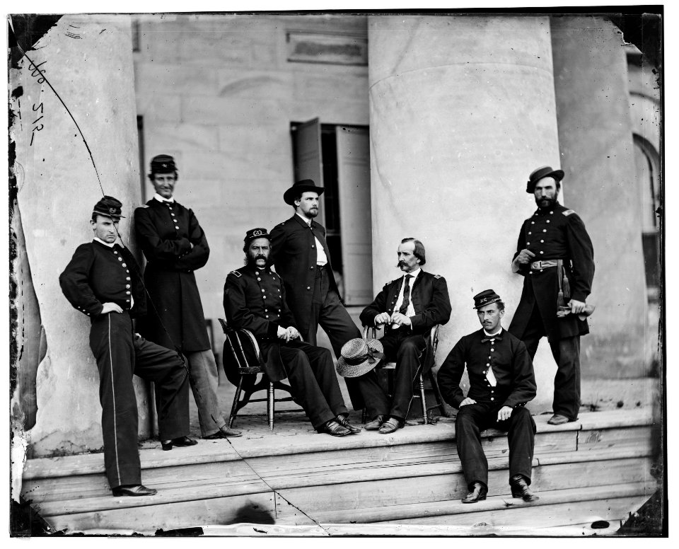 Arlington, Va. Brig. Gen. Gustavus A. DeRussey (third from left) and staff on portico of Arlington House LOC cwpb.03890