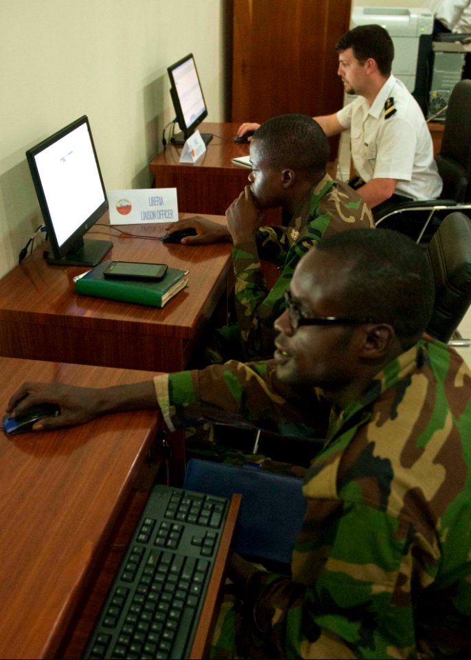 Armed Forces of Liberia Seaman Phillip Dennis and Ensign Sy Komora participate in Saharan Express 2014 in Dakar, Senegal, March 10, 2014 140310-N-QY759-035
