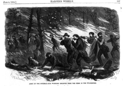 Army of the Potomac - Our wounded escaping from the fires in the Wilderness LCCN2002736804