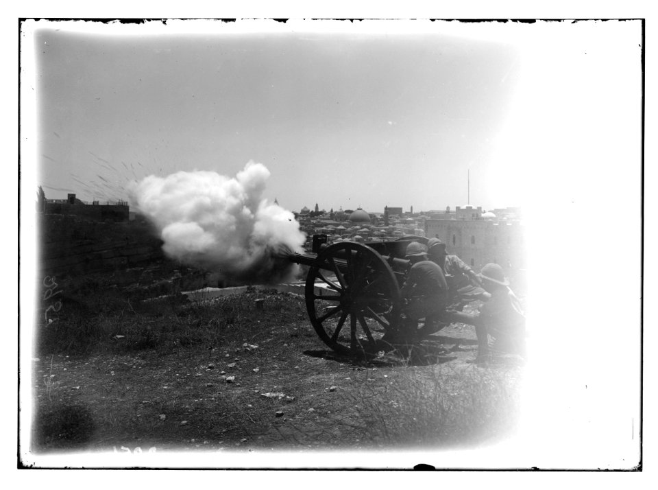 Around the city wall (Jerusalem). Firing Ramadan Cannon on Gordon's Calvary. Moved here since British occupation LOC matpc.02519
