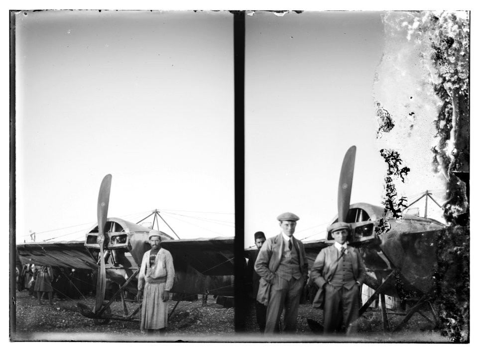 Arrival of French pilot Marc Bonnier and mechanic Joseph Barnier in a Nieuport airplane, the first aviators to fly into Jerusalem LOC matpc.08062