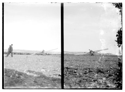 Arrival of French pilot Marc Bonnier and mechanic Joseph Barnier in a Nieuport airplane, the first aviators to fly into Jerusalem LOC matpc.08064