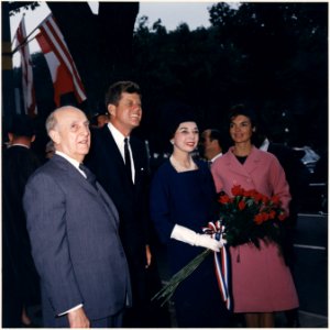 Arrival ceremonies for the President of Peru. President Don Manuel Prado, President Kennedy, Mrs. Prado, Mrs. Kennedy. - NARA - 194201