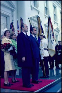 Arrival ceremony for Prime Minister Hilmar Baunsgaard of Denmark and Mrs. Baunsgaard - NARA - 194312