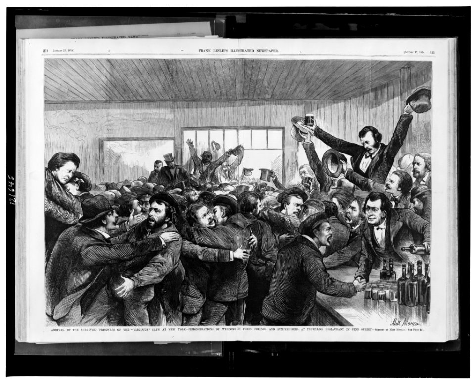 Arrival of the surviving prisoners of the Virginius crew at New York - demonstrations of welcome by their friends and sympathizers at Trujillo's restaurant in Pine Street - sketched by LCCN98511170