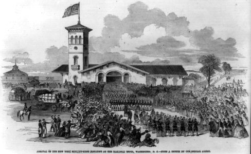 Arrival of the New York seventy-first regiment at the railroad depot, Washington, D.C. - from a sketch by our special artist. LCCN2014649275