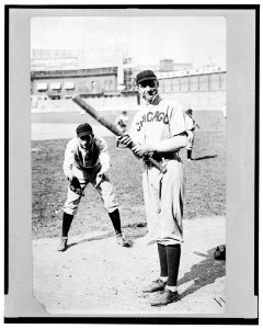 Arthur Solly Hofman batting and Jack Pfiester, a pitcher playing catcher, Chicago NL, (baseball) LCCN2004666459