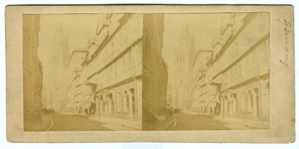 Artificiel, early stereo card of Germany, Hannover, old city hall, Köbelinger Strasse and Marktkirche
