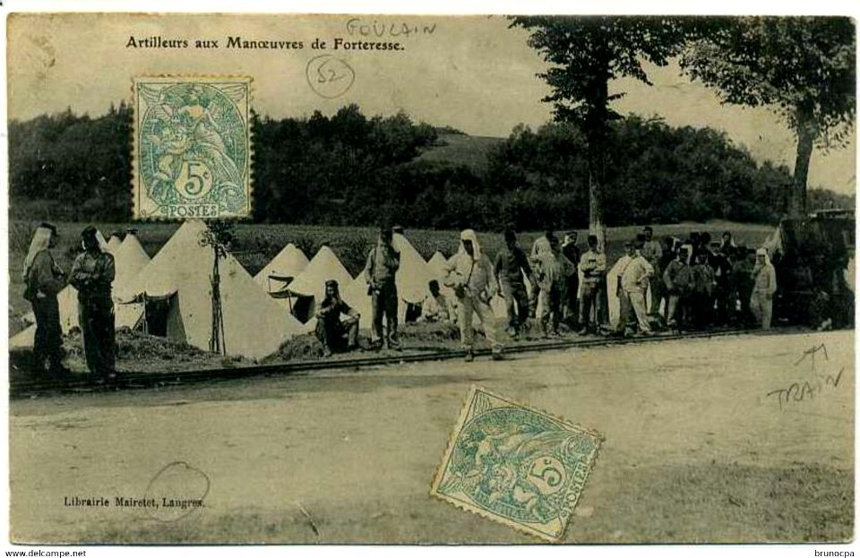 Artilleurs aux Manoeuvres de Forteresse (Foulain ou Villiers-sur-Suize, 1906. Librarie Mairetot, Langres, voie ferree 60 Decauville et une locomotive Pechot-Bourdon)