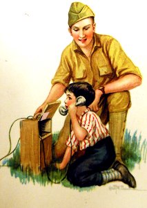 Artwork of American soldier with French boy with phone (30028477795)