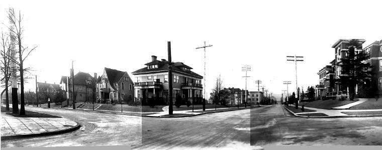 Asahel Curtis panorama of First Hill, Seattle, c. 1903, showing intersection of Columbia St and Summit Ave, Seattle