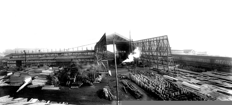 Asahel Curtis panorama of Moran Brothers Shipyard, Seattle, showing machine shop and battleship shed, 1902