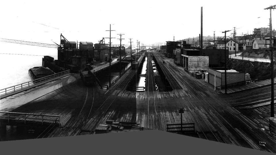 Asahel Curtis panorama of Seattle waterfront and Railroad Ave (Alaskan Way) at foot of Wall St (1916)