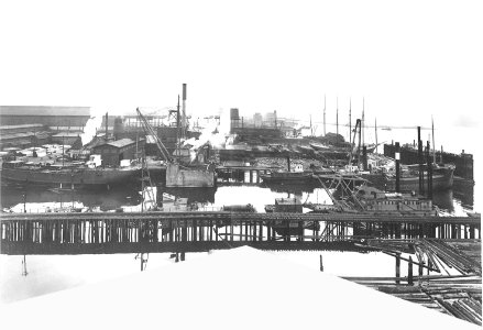 Asahel Curtis panorama of the Moran Bros Co shipyard, Railroad Ave S near S Charles St, Seattle (1908)