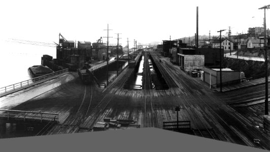 Asahel Curtis panorama of Seattle waterfront and Railroad Ave (Alaskan Way) at foot of Wall St (1916) (retouched) photo