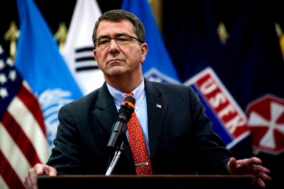 Ashton Carter addresses service members during a town hall meeting on Camp Humphreys