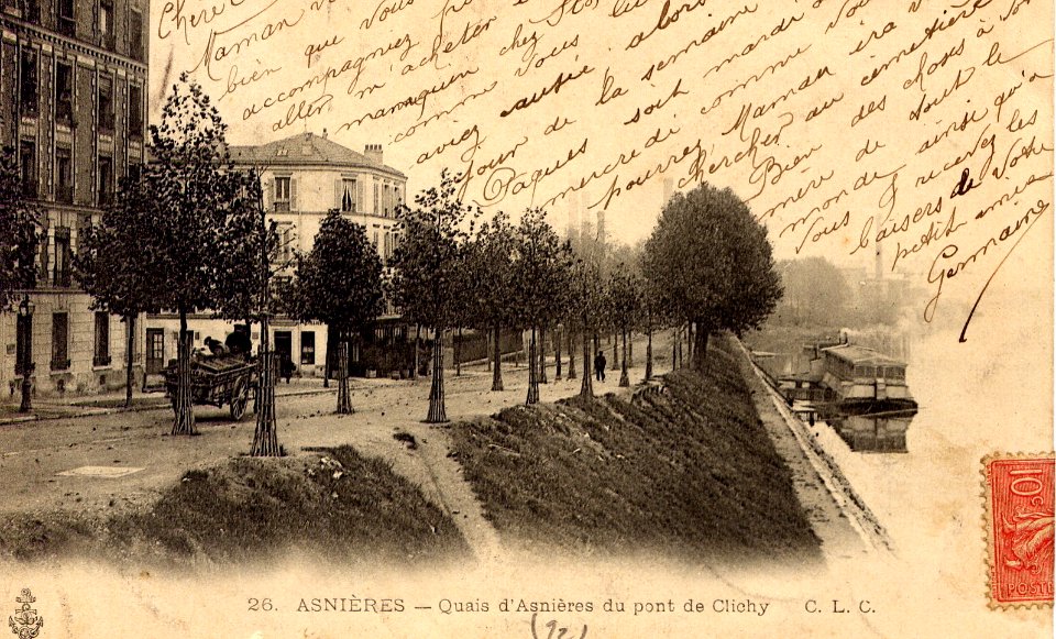 Asnières-sur-Seine.Quais d'Asnières vus du Pont de Clichy.Quai du Docteur-Dervaux