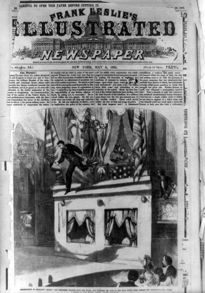 Assassination of President Lincoln - the murderer leaping upon the stage, and catching his spur in the flag which hung before the president's box LCCN2001697352
