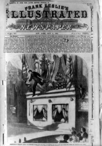 Assassination of President Lincoln - the murderer leaping upon the stage, and catching his spur in the flag which hung before the president's box LCCN2001697352