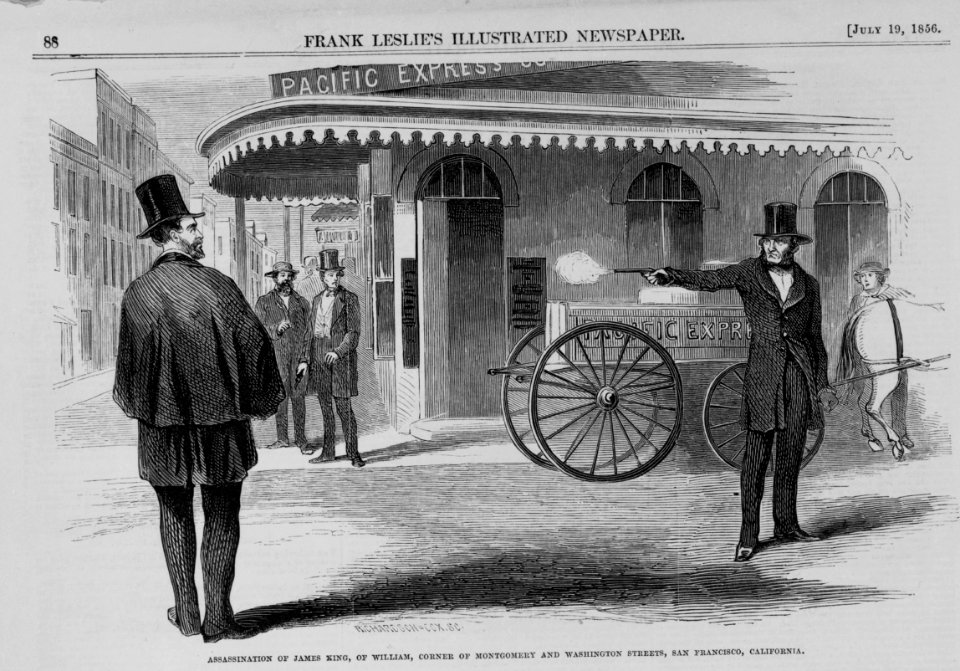 Assassination of James King, of William, corner of Montgomery and Washington Streets, San Francisco