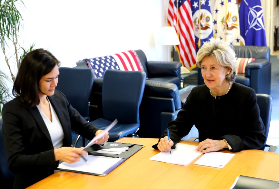 Assistant Secretary of State for Public Affairs Michelle Giuda and U.S. Ambassador to NATO Kay Bailey Hutchinson in Brussels