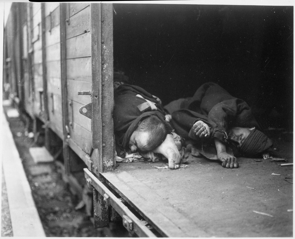 At the doorway of this railroad car may be seen the bodies of 3 political prisoners, shot as they tried to flee... - NARA - 531281