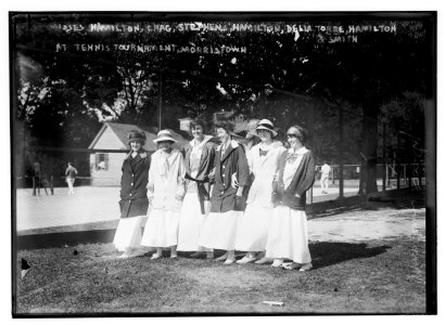 At tennis tournament, Morristown - Misses Hamilton, Crag, Stephens, Hamilton, (Gertrude) Della Torre, Hamilton and Smith LCCN2014694471