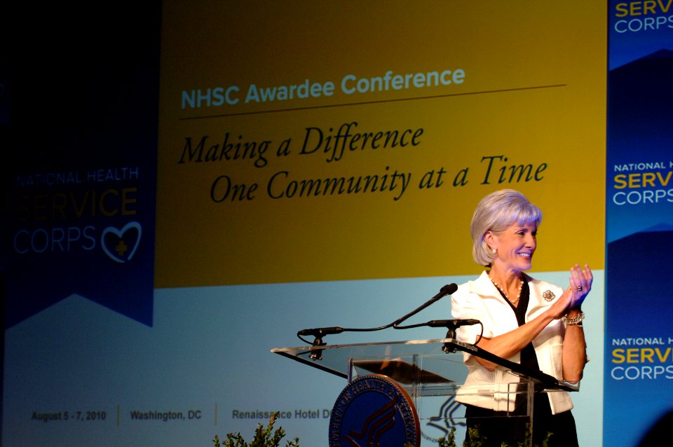 At the National Health Service Corps Awardees Conference, HHS Secretary Kathleen Sebelius celebrates the importance of community health centers