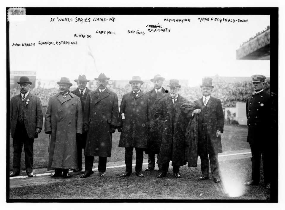 At World Series game, NY- John Whalen, Admiral Osterhaus, R. Waldo, Capt. Hill, Gov. Foss, R.A.C. Smith, Mayor Gaynor, Mayor Fitzgerald, Boston LCCN2014693061