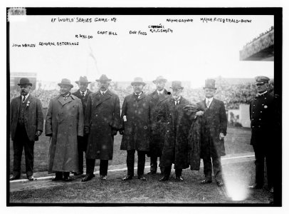 At World Series game, NY- John Whalen, Admiral Osterhaus, R. Waldo, Capt. Hill, Gov. Foss, R.A.C. Smith, Mayor Gaynor, Mayor Fitzgerald, Boston LCCN2014693061