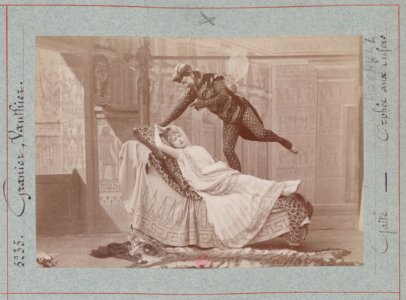 Atelier Nadar - Fly scene from Offenbach's Orphée aux enfers with Jeanne Granier as Eurydice and Eugène Vauthier as Jupiter, 1887 revival, wide-angle shot - Original