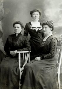Ateljéporträtt av tre medelålders kvinnor i klänningar med broderier och höga spetskragar - Nordiska Museet - NMA.0054261