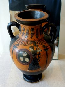 Athena in fighting pose, amphora in Panathenaic shape, Greek-Attic, c. 540 BC, black-figure terracotta - Blanton Museum of Art - Austin, Texas - DSC07663 photo