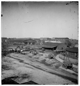 Atlanta, Ga. Railroad depot and yard; Trout House and Masonic Hall in background LOC cwpb.03476