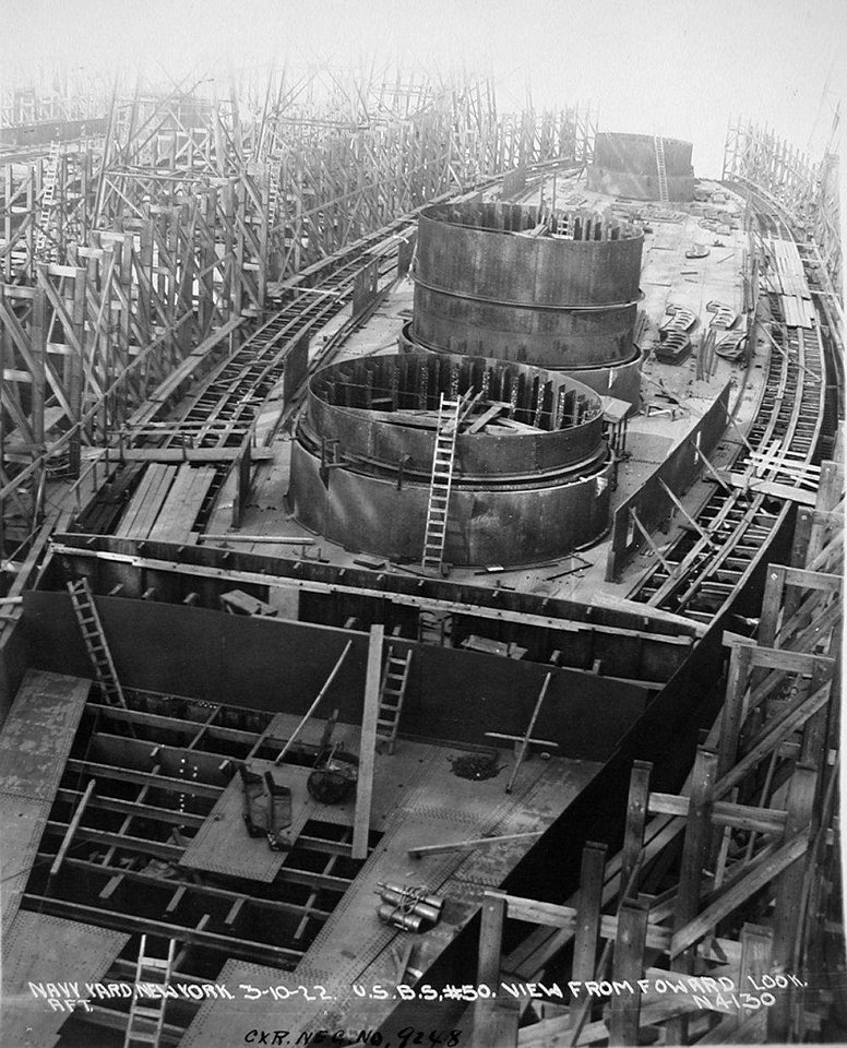 BB-50 PCU Indiana, view from bow looking aft