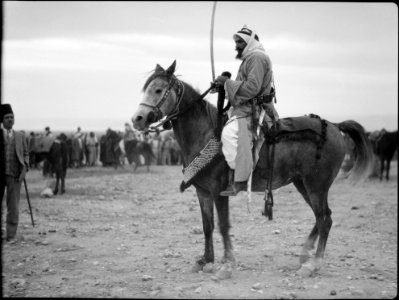 Bedouin life in Trans-Jordan. Sheik Abu Meddin. Known as an intrepid warrior, mounted on an Arab steed LOC matpc.15668