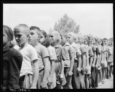 Before meals campers form in 4 lines each line representing an Indian Tribe. The tribe with the straightest line... - NARA - 540911