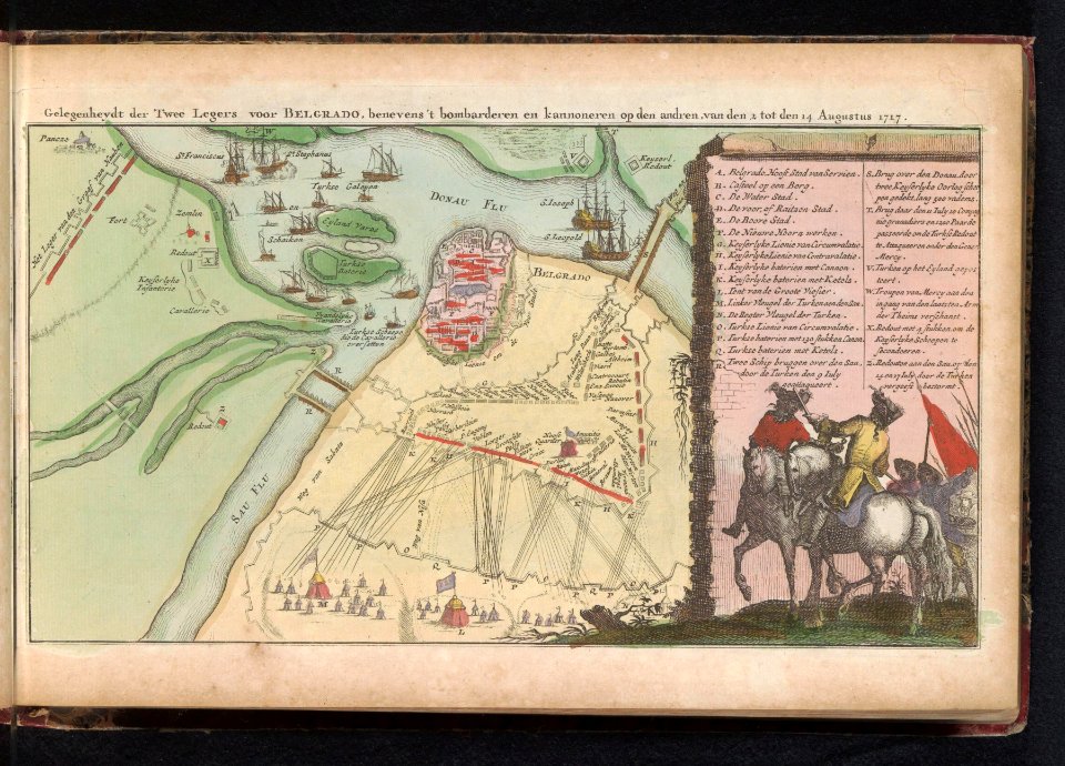 Beleg van Belgrado, 1717 Gelegentheydt der Twee Legers voor Belgrado, benevens 't bombarderen en kannoneren op den andren, van den 2 tot den 14 Augustus 1717 (titel op object), BI-B-FM-090-10