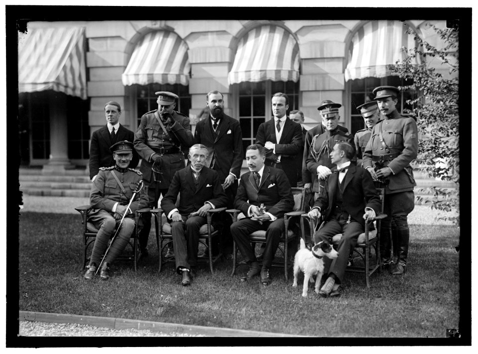 BELGIAN MISSION TO U.S. AT HOME OF LARS (i.e. LARZ) ANDERSON. SEATED- MAJ. GEN. MATHIEW LeCLERCQ; BARON MONCHEUR; EDE CARTIER DeMARCHIENNE, MISSION TO U.S.; HUGH GIBSON OF STATE DEPARTMENT. LCCN2016867927