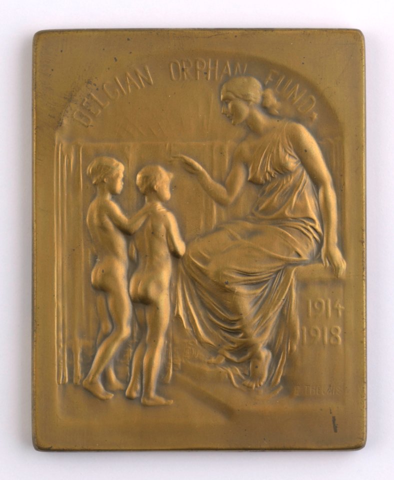 Belgian Orphan Fund 1914-1918, plaquette by Pierre Theunis, Belgium, 1918, Coins and Medals Department of the Royal Library of Belgium, 2Lef 103-17 (recto)